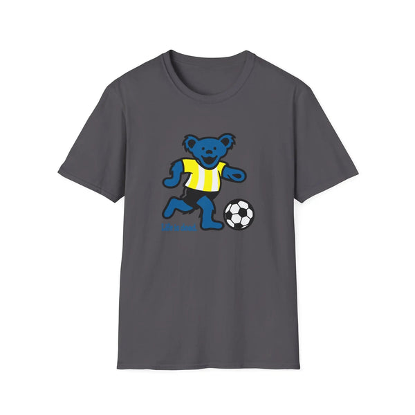 Charcoal T-shirt with blue bear playing soccer and “Life is dead.” print