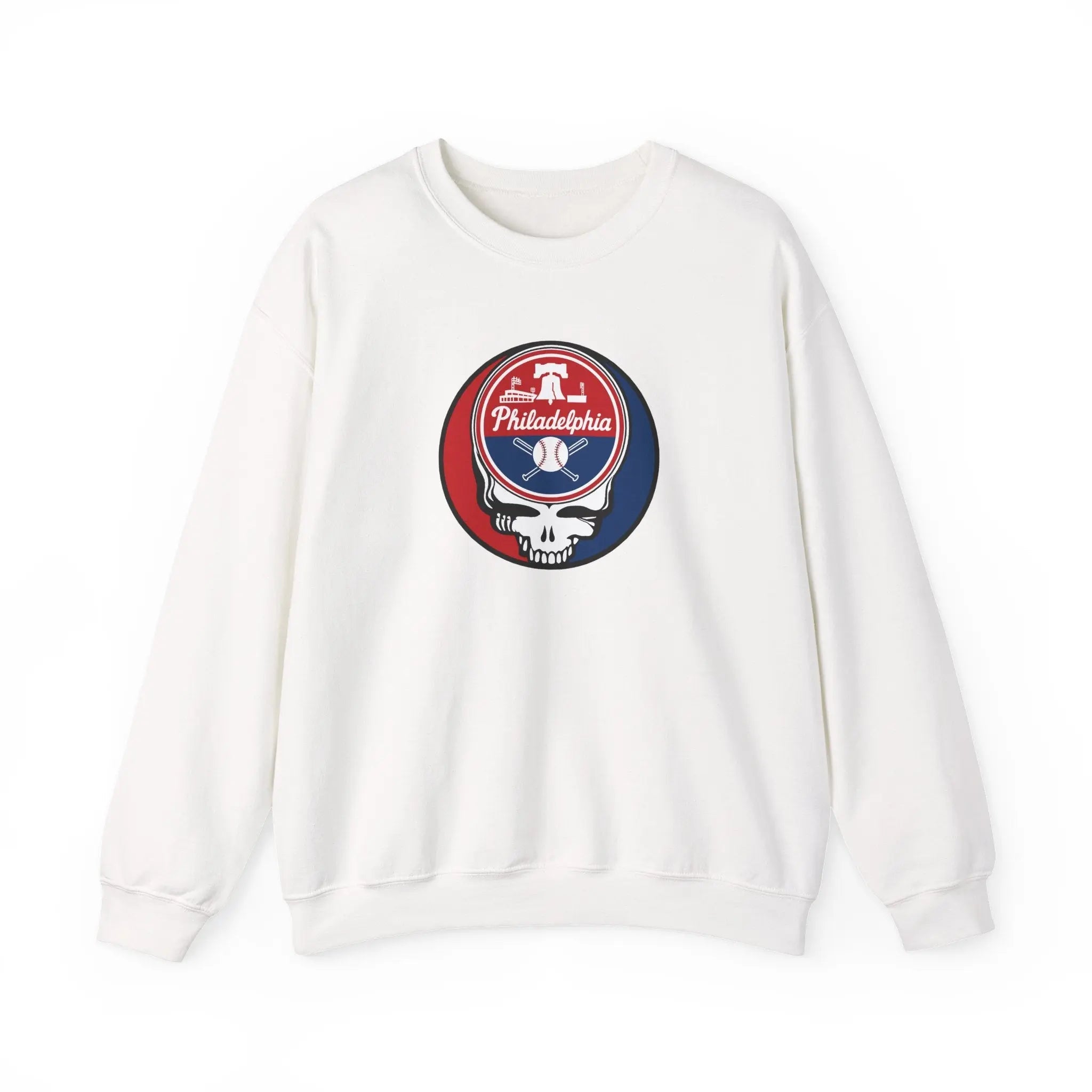 White crewneck sweatshirt with front circular Stealie skull emblem