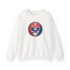 White crewneck sweatshirt with front circular Stealie skull emblem