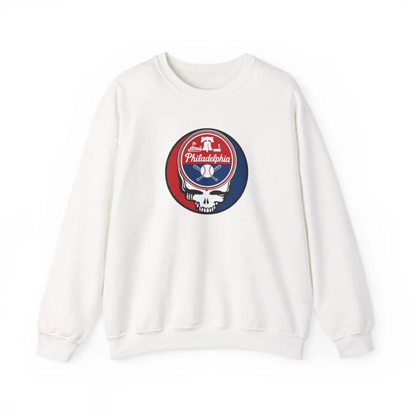 White crewneck sweatshirt with front circular Stealie skull emblem