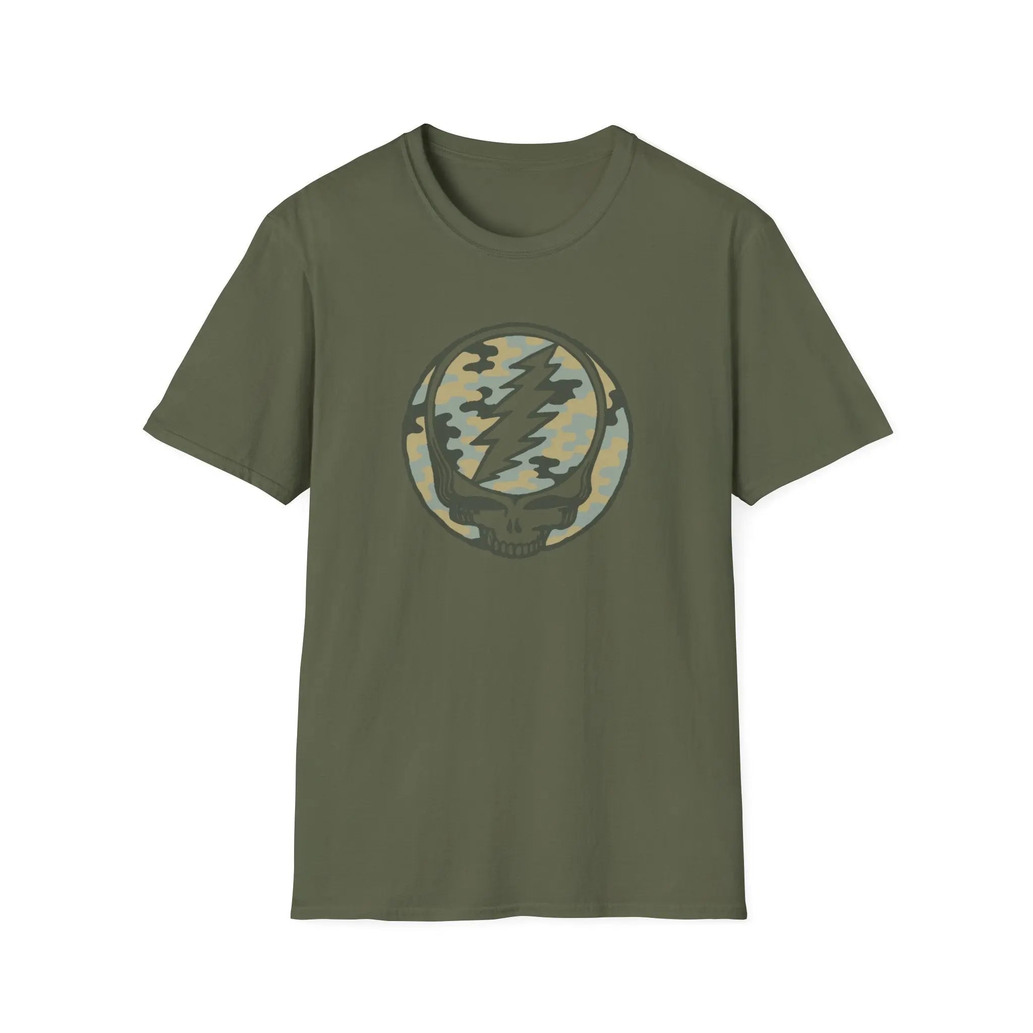Olive green crewneck T-shirt with camo skull lightning emblem