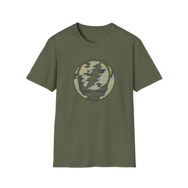 Olive green crewneck T-shirt with camo skull lightning emblem