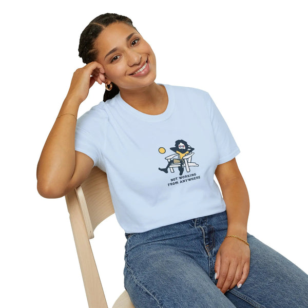 Light blue crew-neck T-shirt with chest cartoon “NOT WORKING FROM ANYWHERE” graphic