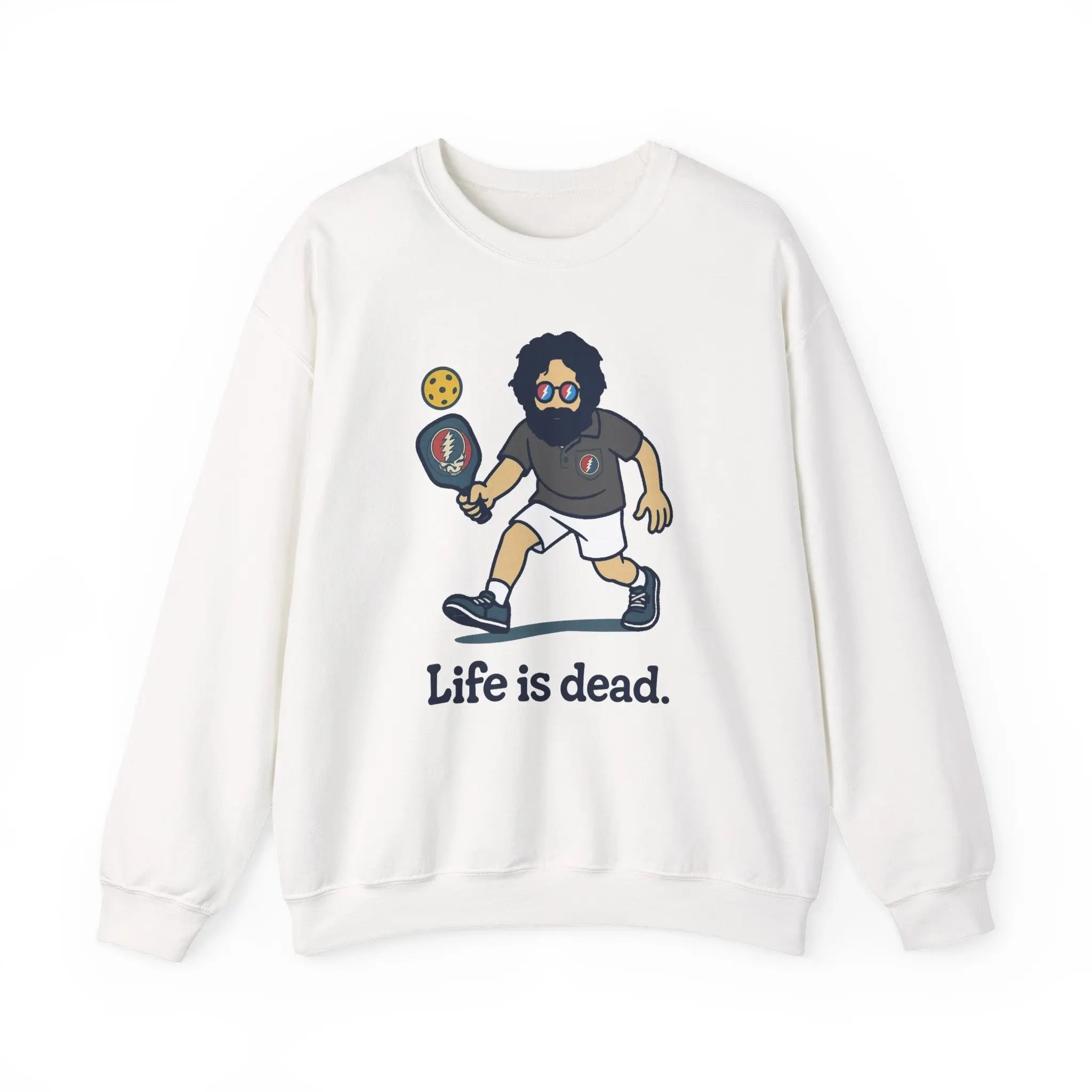 White crewneck sweatshirt laid flat, showing cartoon graphic and 