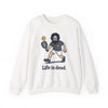 White crewneck sweatshirt laid flat, showing cartoon graphic and "Life is dead" text