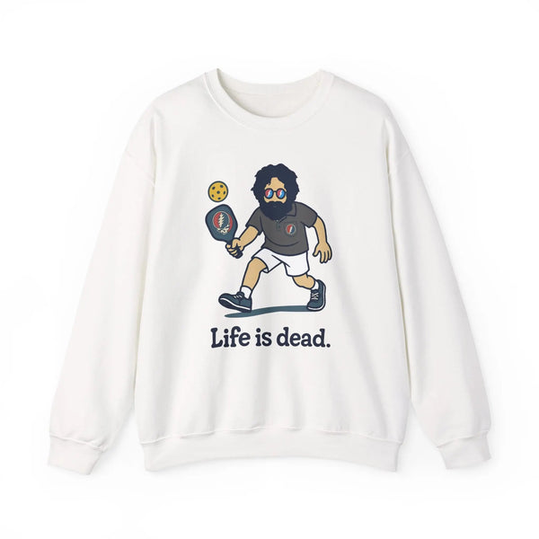 White crewneck sweatshirt laid flat, showing cartoon graphic and "Life is dead" text