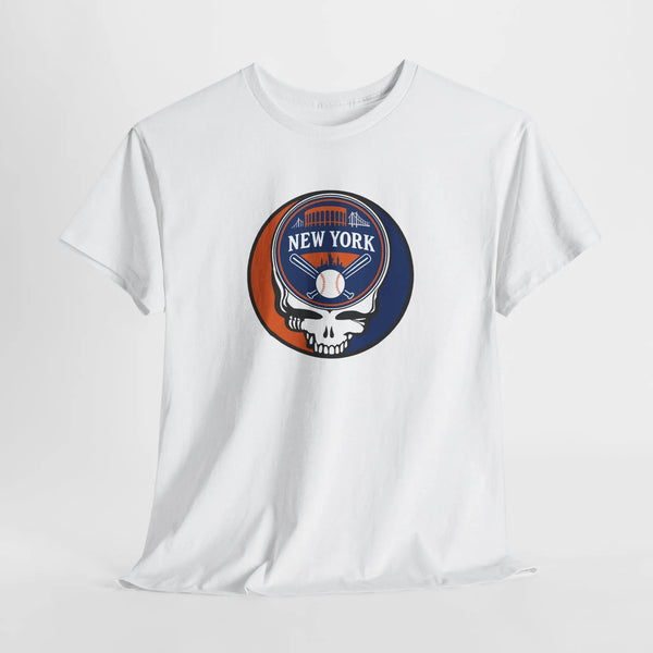 White T-shirt with centered New York Stealie logo graphic, short sleeves
