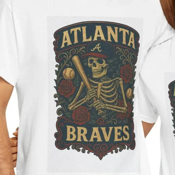 White short-sleeve T-shirt with Atlanta Braves skeleton shield graphic front