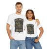 White short-sleeve T-shirt with Atlanta Braves skeleton shield graphic, worn