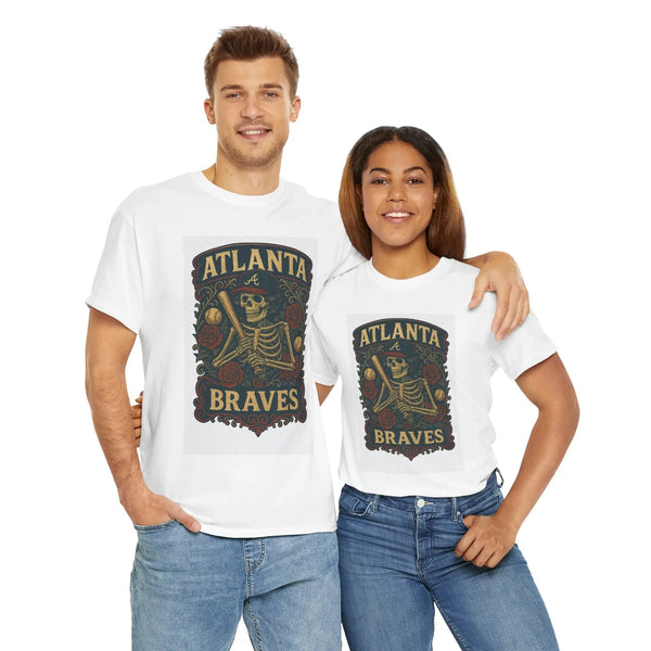 White short-sleeve T-shirt with Atlanta Braves skeleton shield graphic, worn