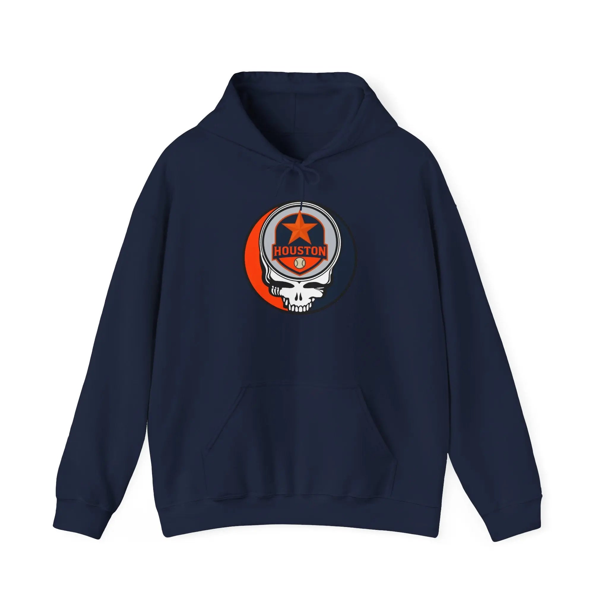 Navy pullover hoodie with Houston logo patch on chest