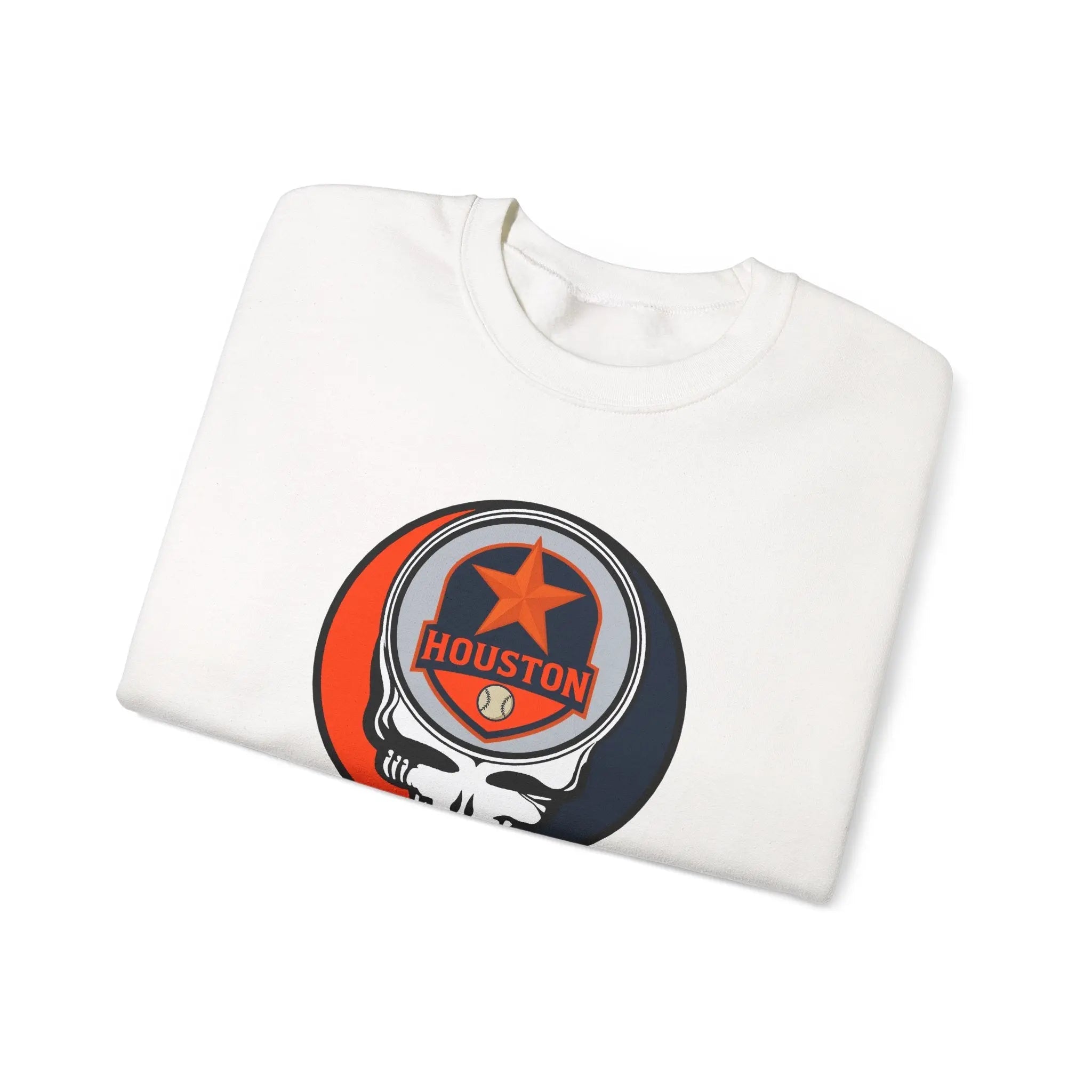 White crewneck sweatshirt with Houston Astros Stealie skull logo on chest, angled