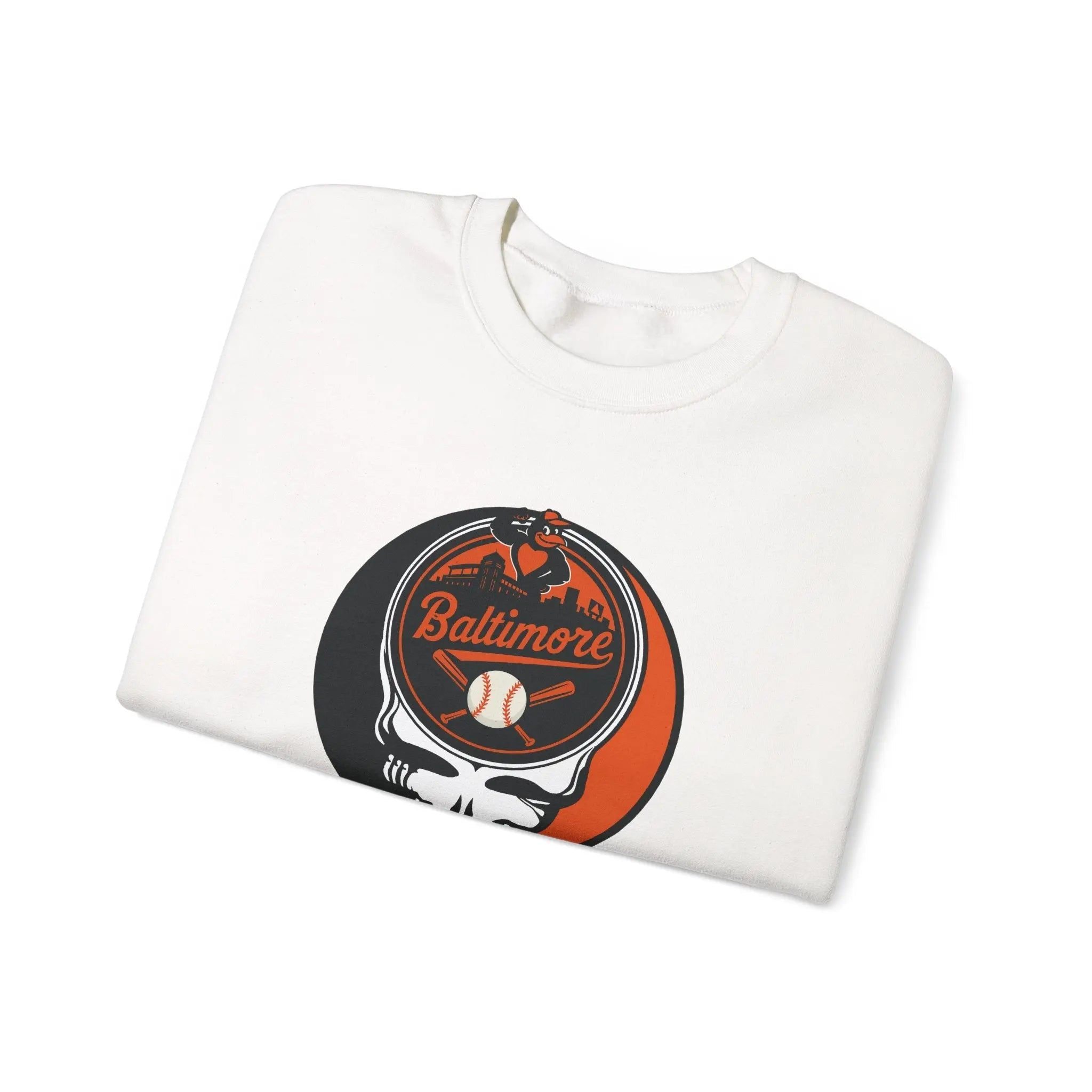 Baltimore Orioles crewneck sweatshirt in white, folded view, front skull logo graphic