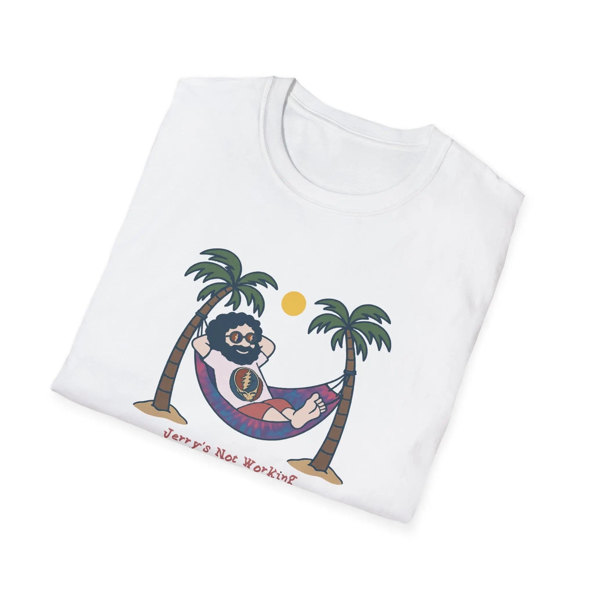 White crewneck T-shirt with sloth hammock graphic and palm trees