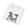 White crewneck T-shirt with sloth hammock graphic and palm trees