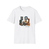 White crew-neck graphic T-shirt with front cartoon character print