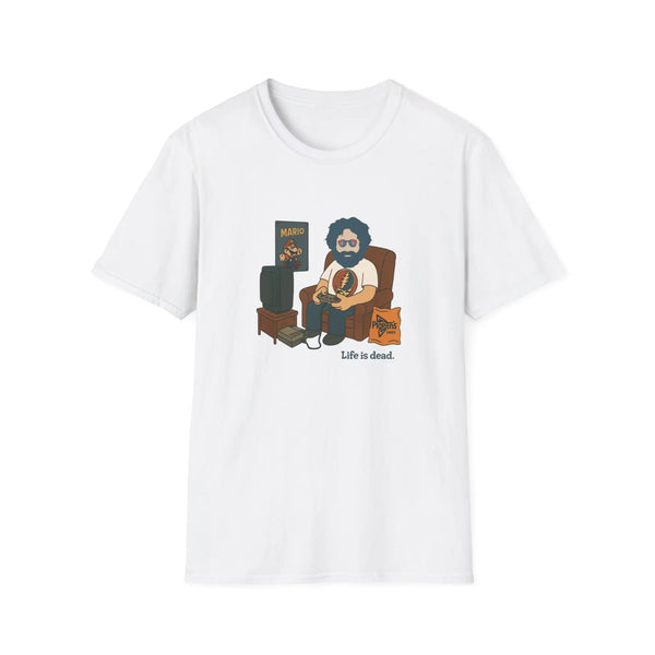 White crew-neck graphic T-shirt with front cartoon character print