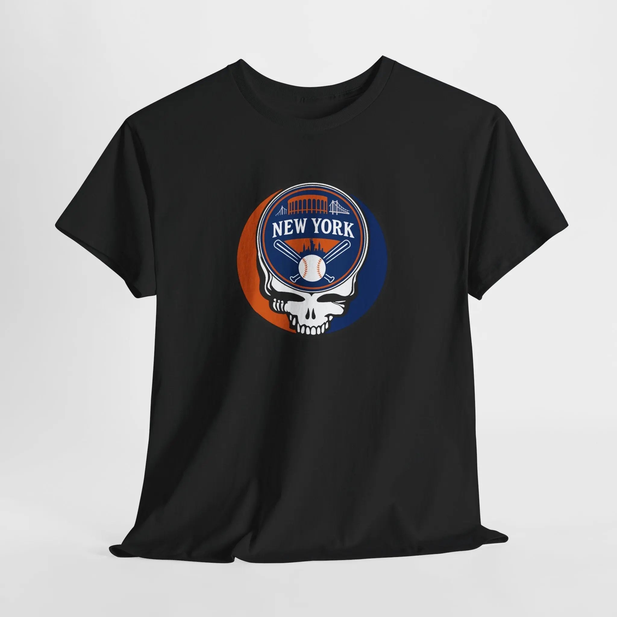 Black T-shirt with circular New York Stealie logo graphic centered on chest