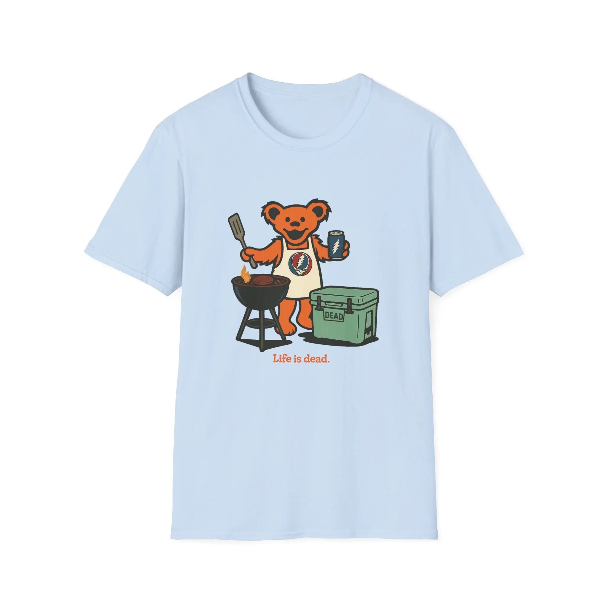 Light blue T-shirt with cartoon bear grilling graphic and small text at bottom