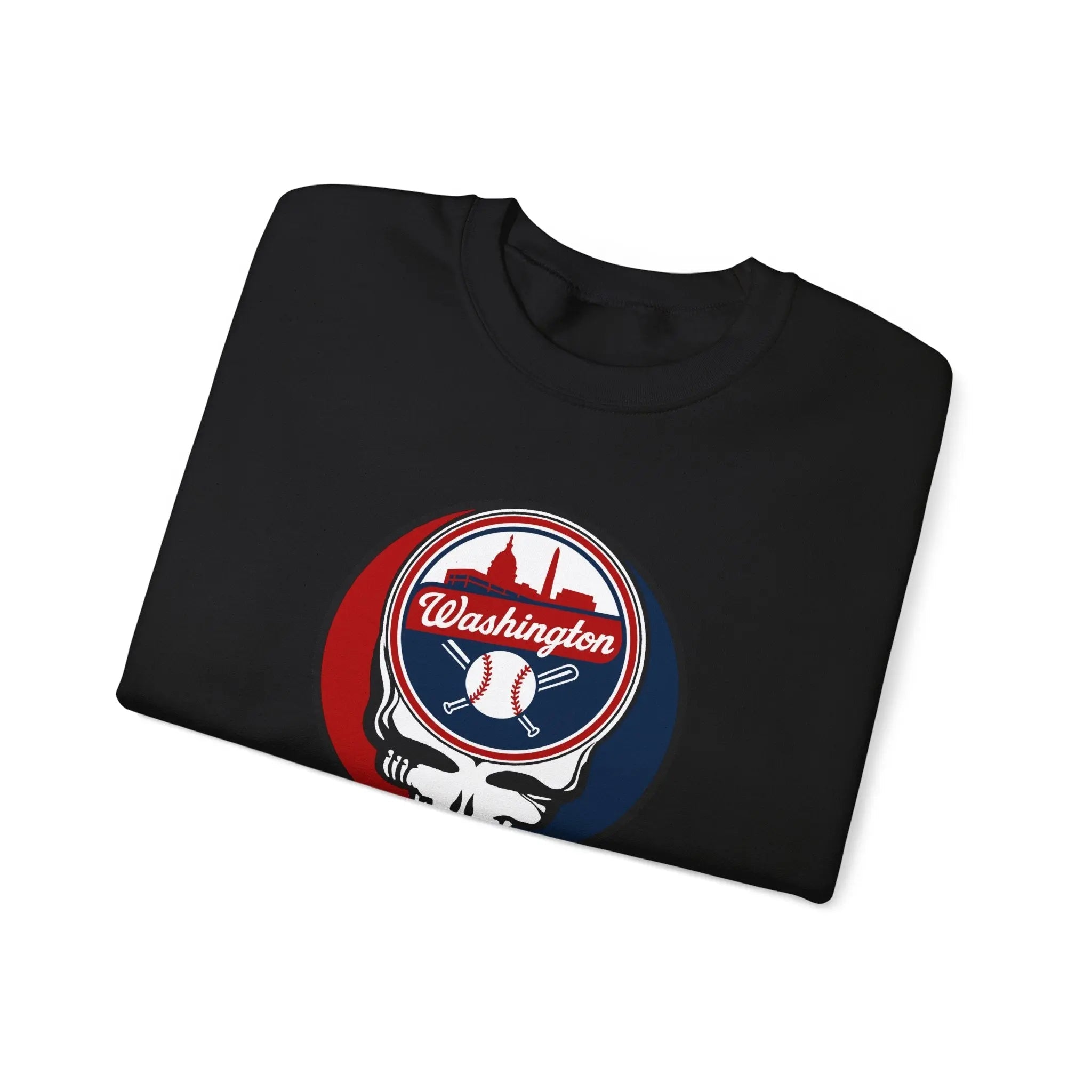 Black crewneck sweatshirt with Washington logo graphic on the front