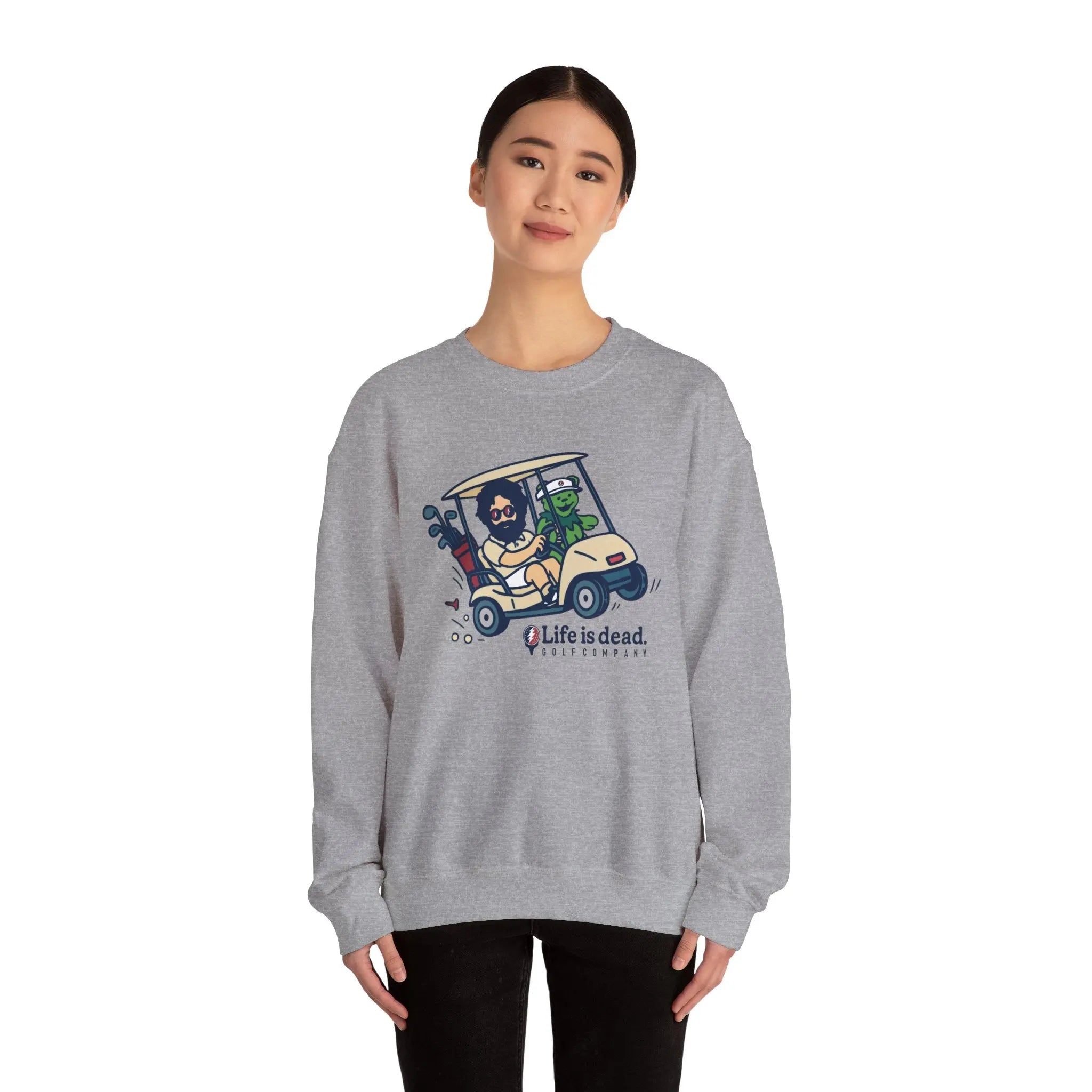 Sport grey crewneck sweatshirt with colorful cartoon vehicle graphic on chest