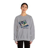 Sport grey crewneck sweatshirt with colorful cartoon vehicle graphic on chest