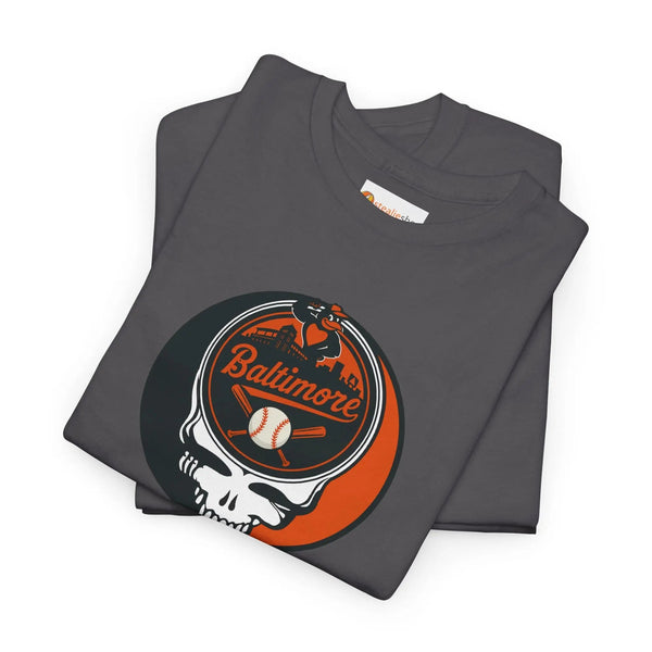 Charcoal graphic T-shirt, stacked pair, with Baltimore skull and baseball logo