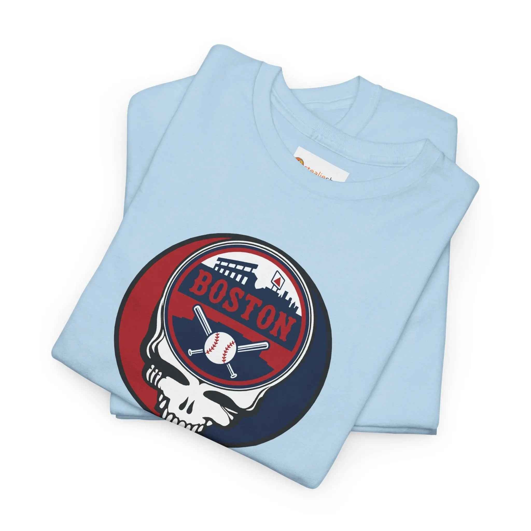 Light blue T-shirt with circular Boston logo skull and baseball print