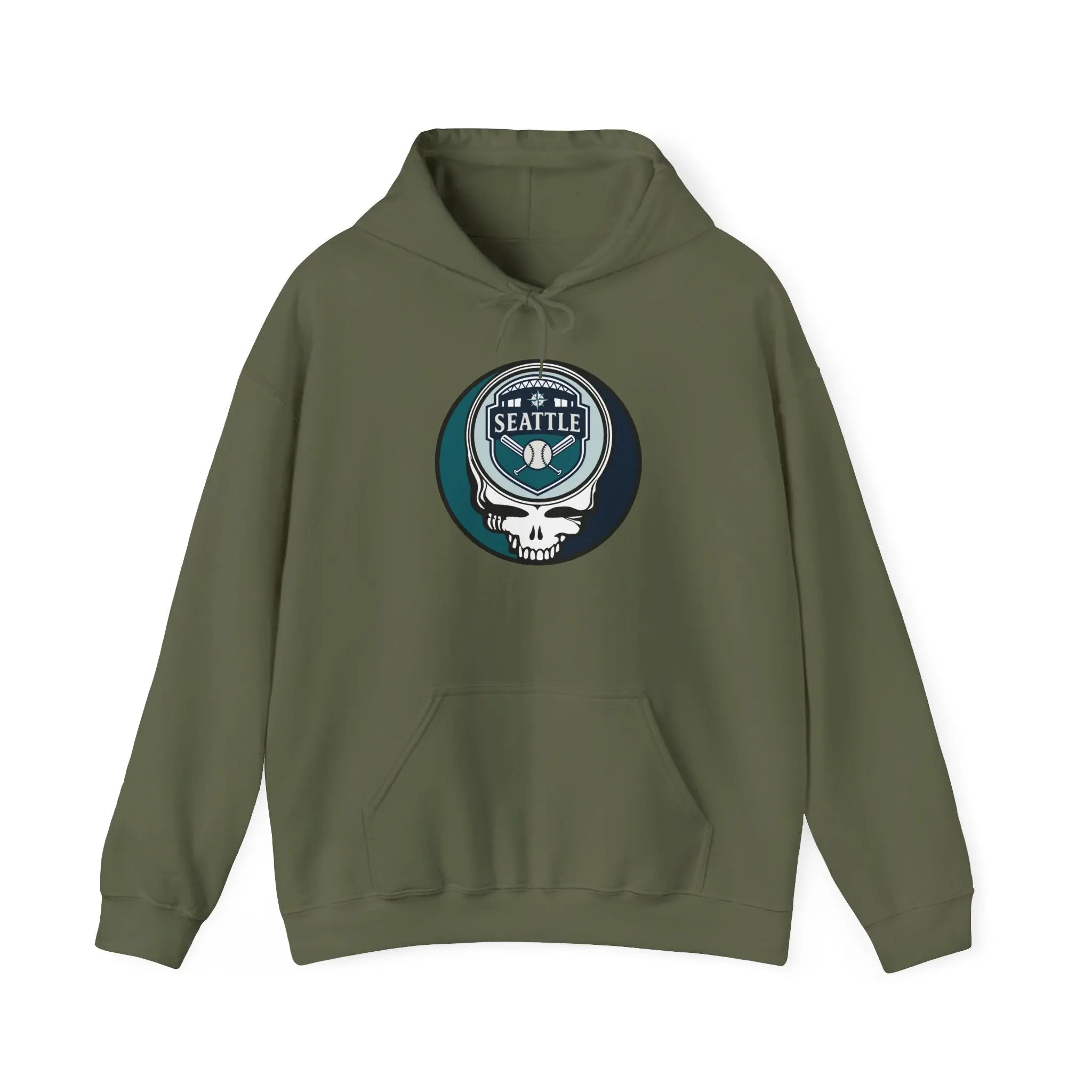 Seattle Mariners hoodie in military green with front circular logo, hood drawstring, kangaroo pocket