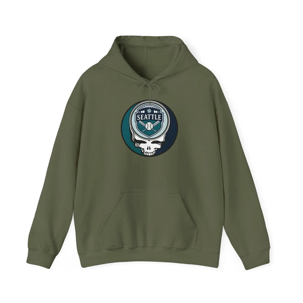 Seattle Mariners hoodie in military green with front circular logo, hood drawstring, kangaroo pocket