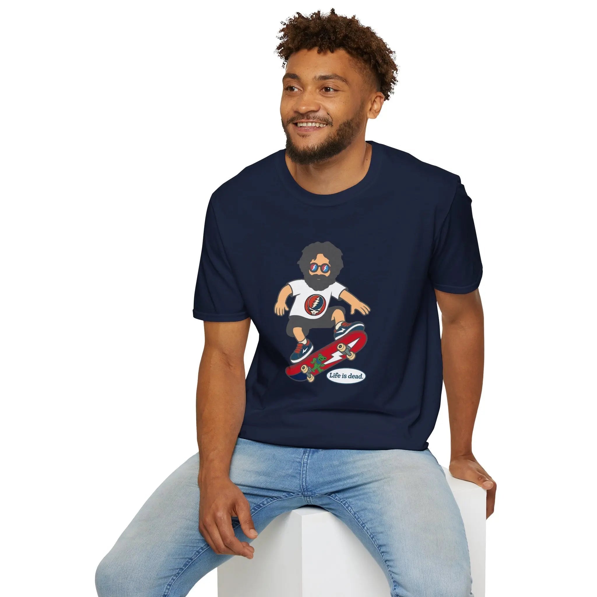 Navy crewneck T-shirt with cartoon skateboarding graphic on chest.