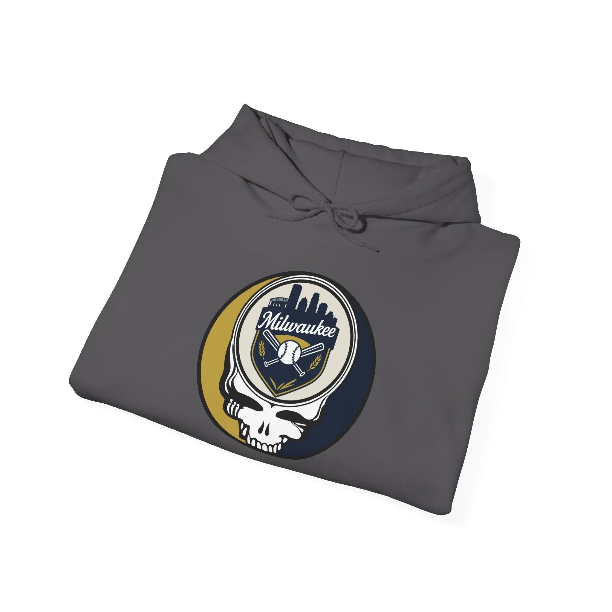Charcoal hoodie with front hood and drawstring, featuring Milwaukee logo graphic.