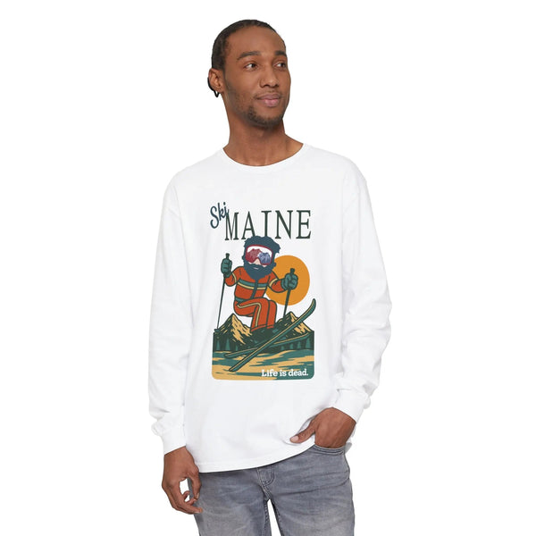 White long-sleeve T-shirt with Ski Maine graphic front