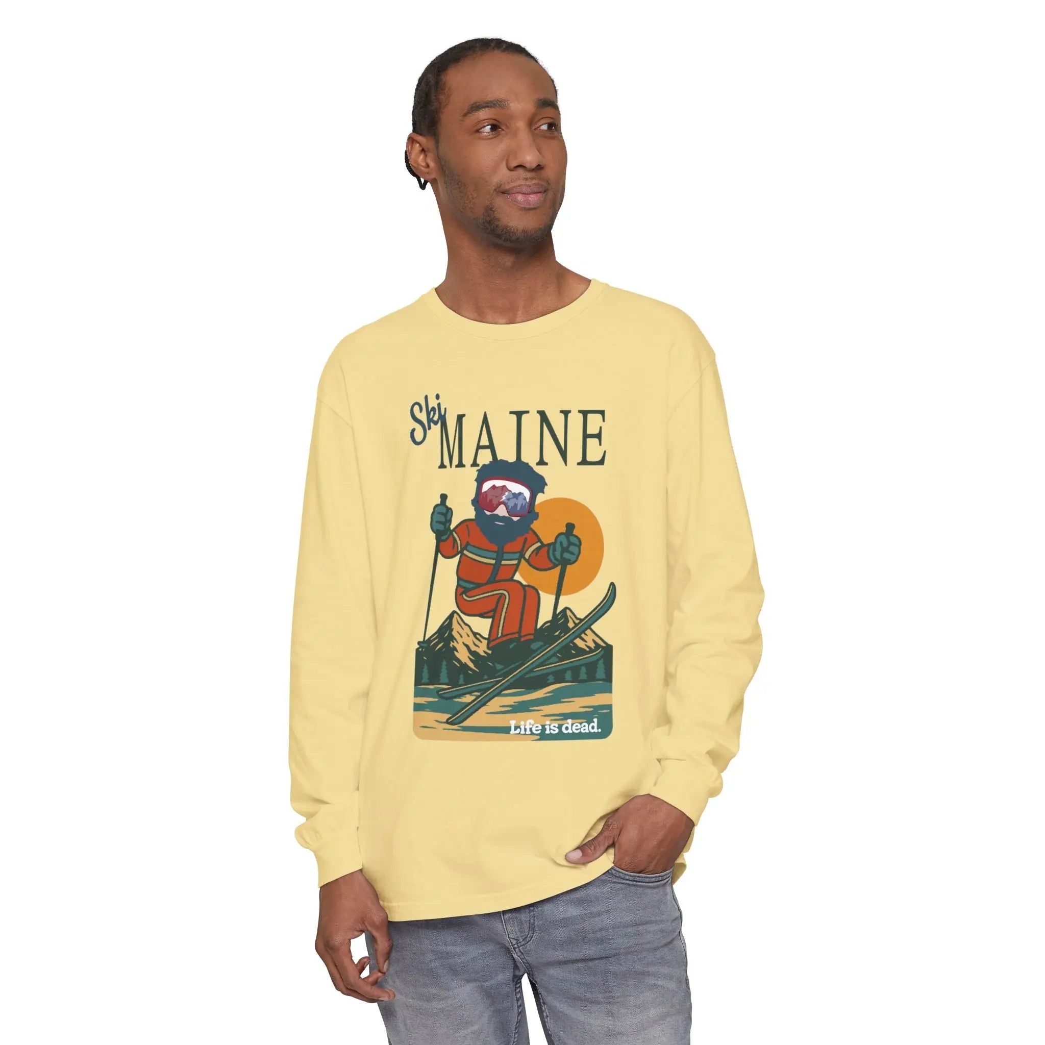 Yellow long-sleeve T-shirt with Ski Maine graphic front
