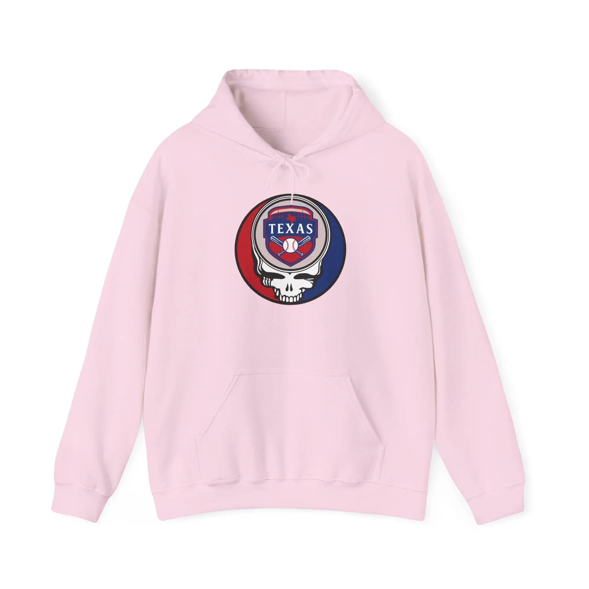 Light pink hoodie with drawstring hood, front pocket, and TEXAS circular skull graphic
