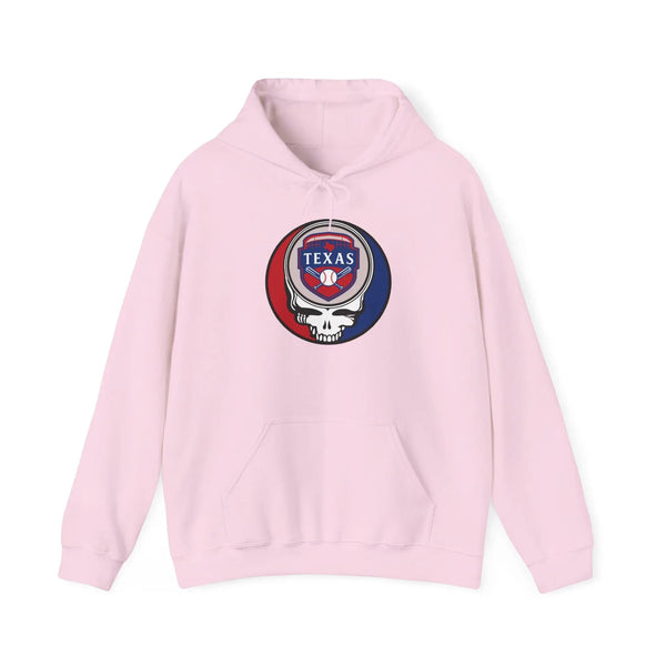 Light pink hoodie with drawstring hood, front pocket, and TEXAS circular skull graphic