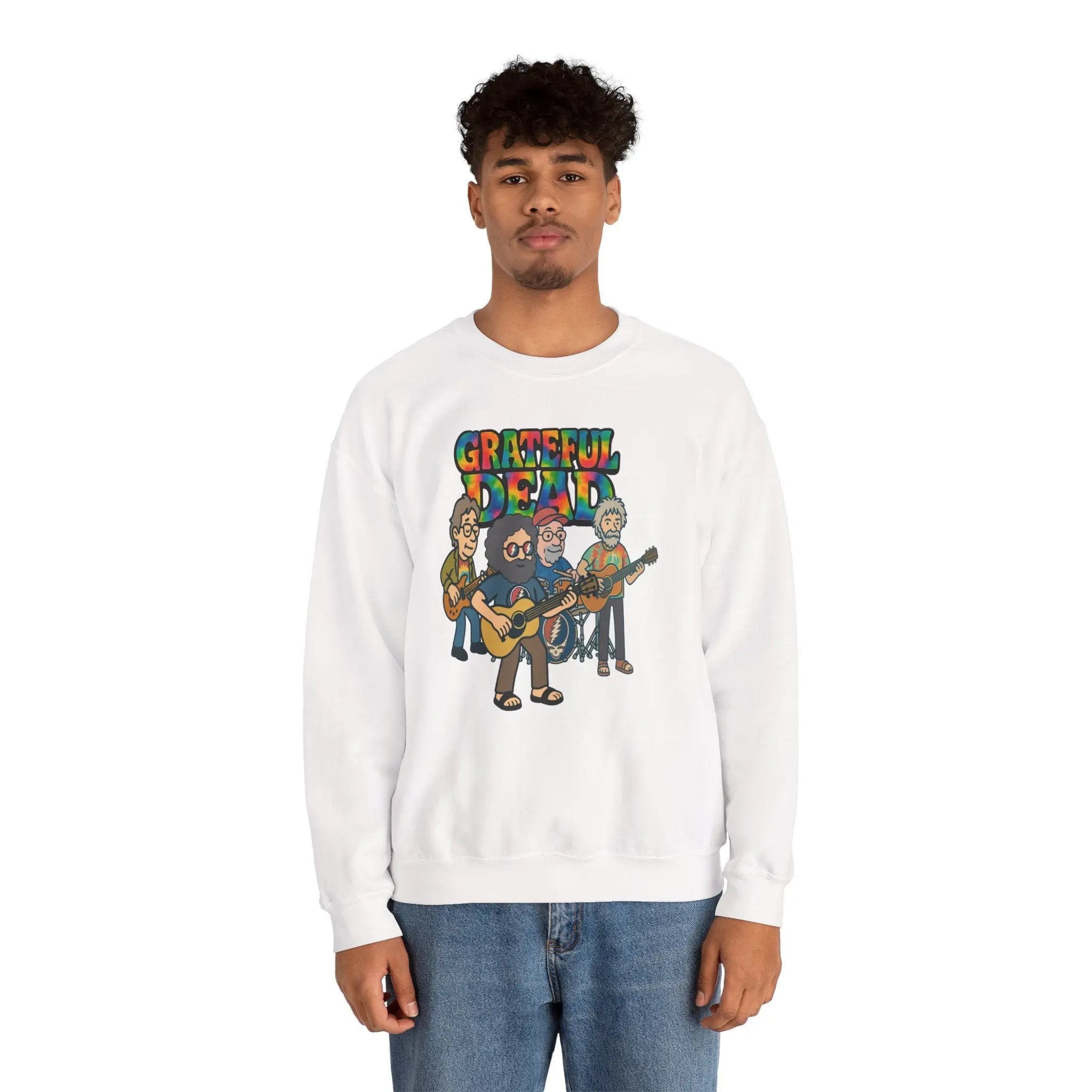 White crewneck sweatshirt with Grateful Dead band graphic on the chest