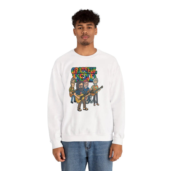 White crewneck sweatshirt with Grateful Dead band graphic on the chest