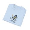 Light blue crew-neck T-shirt with cartoon “NOT WORKING FROM ANYWHERE” graphic on chest