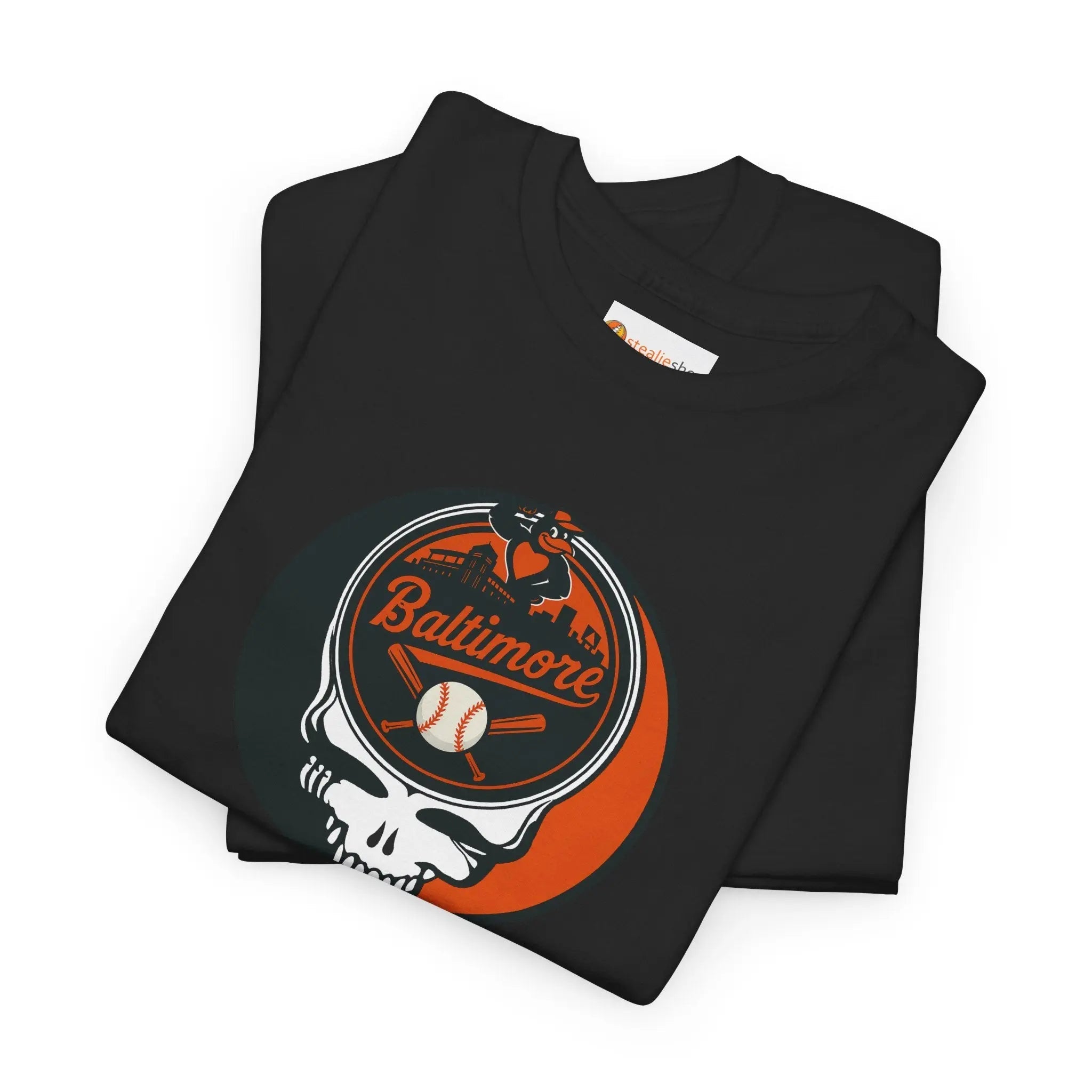 Black graphic T-shirt with round Stealie skull Baltimore Orioles logo