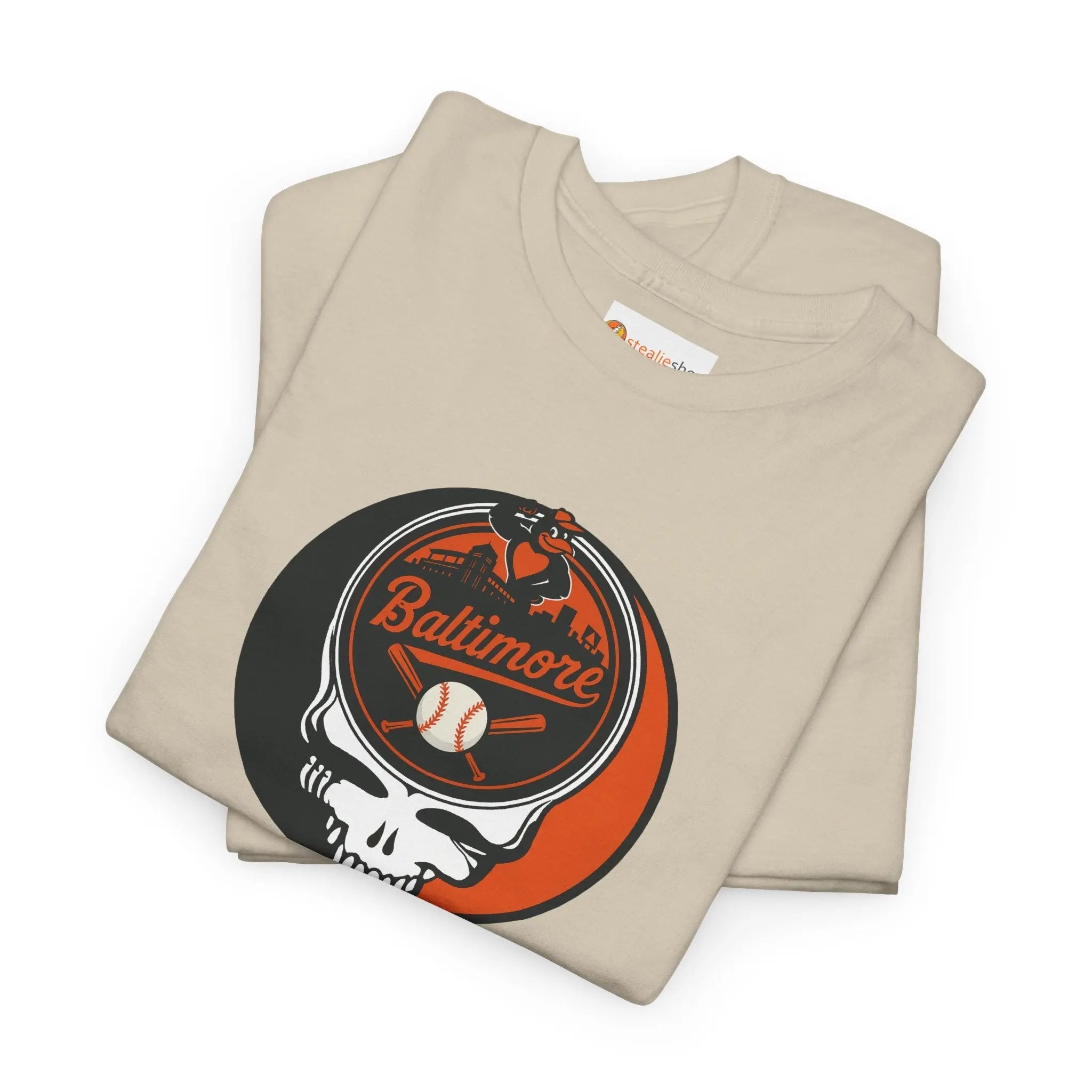 Sand graphic T-shirt, stacked pair, with Baltimore logo skull and baseball emblem