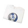 White crewneck sweatshirt with Dodgers Stealie circular skull logo, angled view