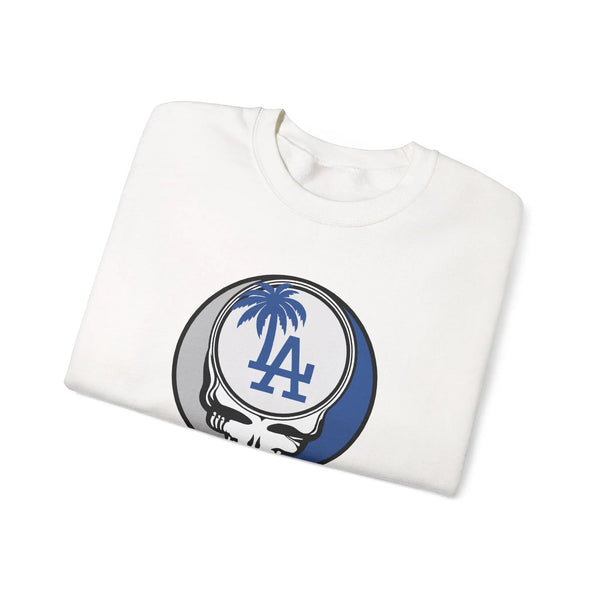 White crewneck sweatshirt with Dodgers Stealie circular skull logo, angled view