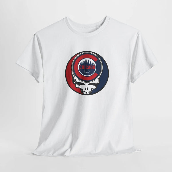 White Stealie skull graphic T-shirt with circular Chicago logo on chest