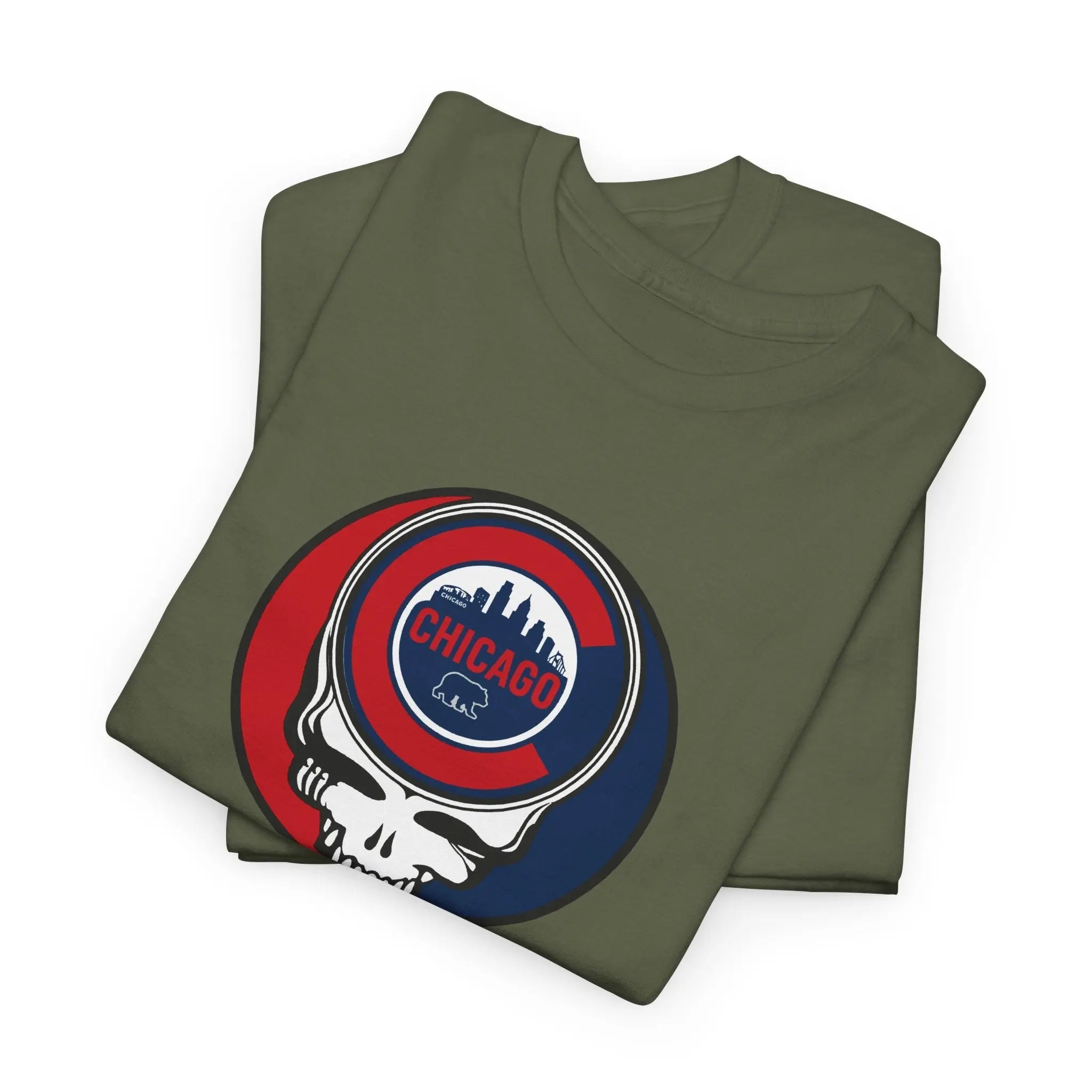 Military green Chicago Stealie skull T-shirt set, crew neck, short sleeves