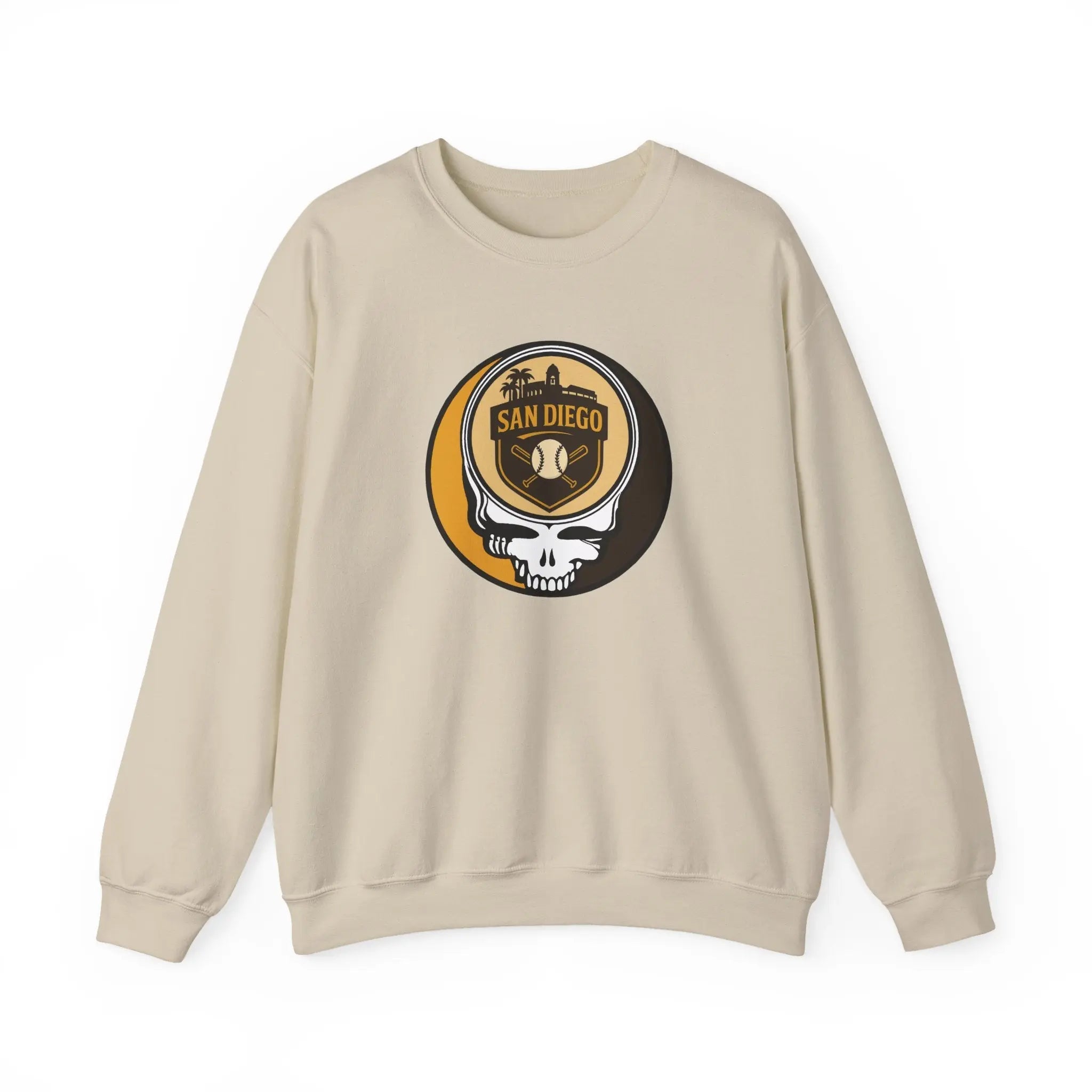 Sand crewneck sweatshirt with round neckline and San Diego skull chest graphic