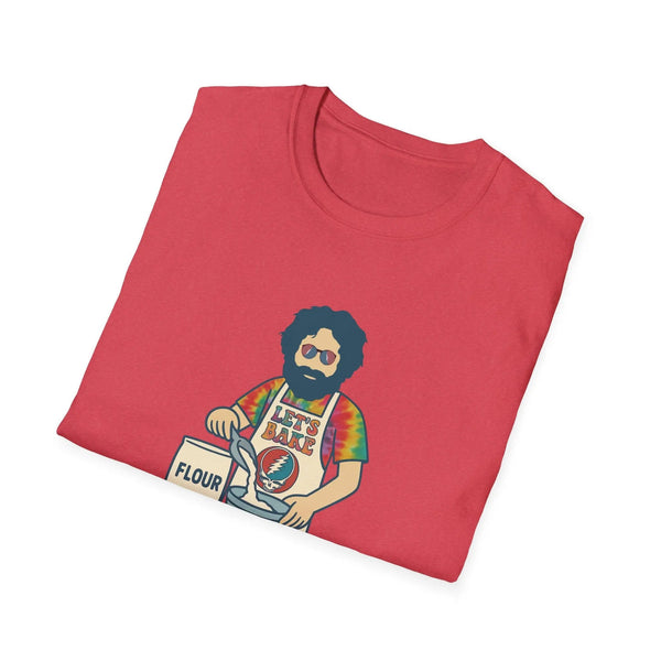 Red crew-neck graphic T-shirt with flour sack character artwork