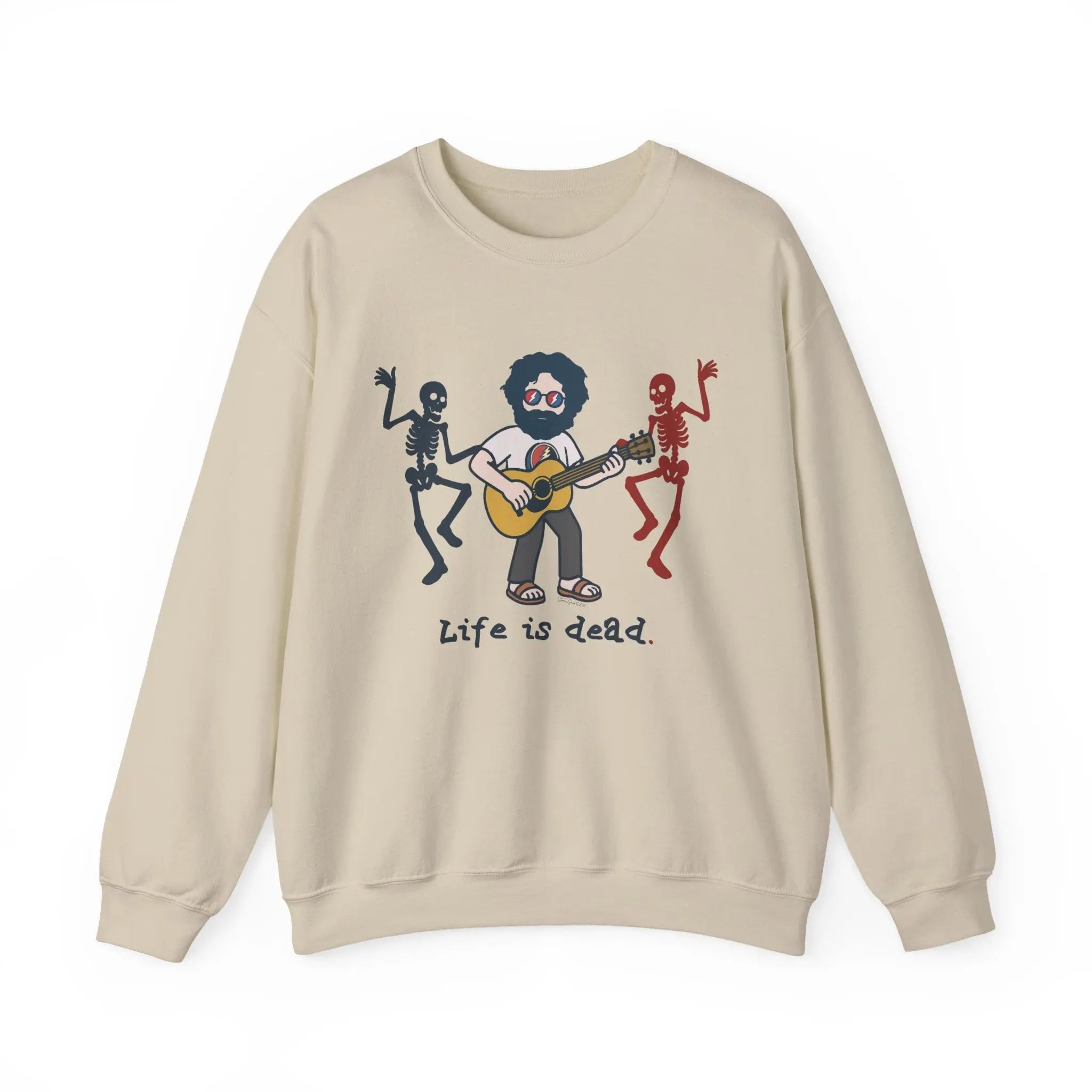 Sand crewneck sweatshirt with band graphic and “Life is dead.” text
