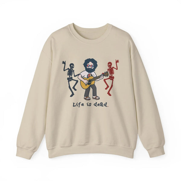 Sand crewneck sweatshirt with band graphic and “Life is dead.” text
