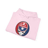Folded pink pullover hoodie with large circular Philadelphia logo on chest